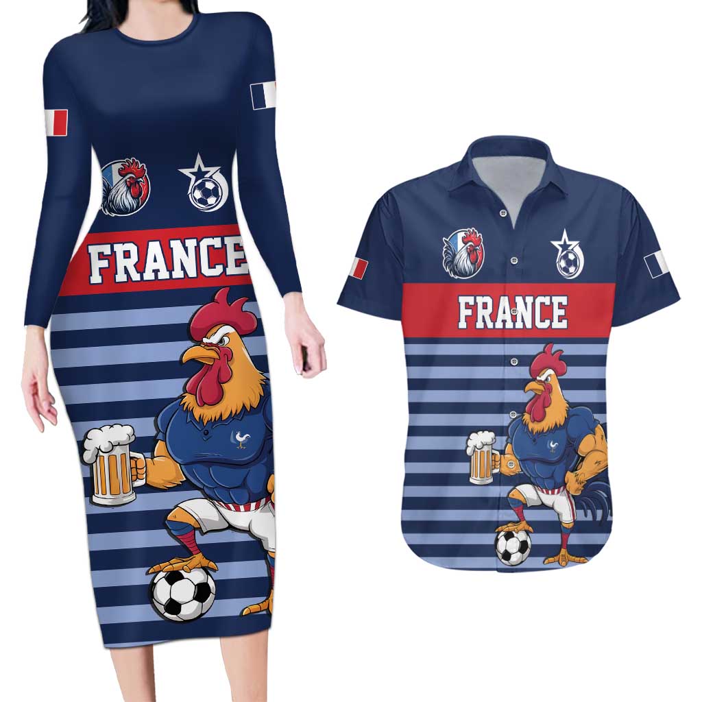 Custom France Football Couples Matching Long Sleeve Bodycon Dress and Hawaiian Shirt Blue Gallic Rooster Mascot