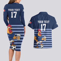 Custom France Football Couples Matching Long Sleeve Bodycon Dress and Hawaiian Shirt Blue Gallic Rooster Mascot
