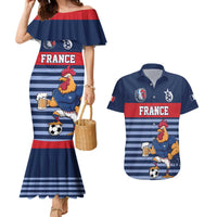 Custom France Football Couples Matching Mermaid Dress and Hawaiian Shirt Blue Gallic Rooster Mascot