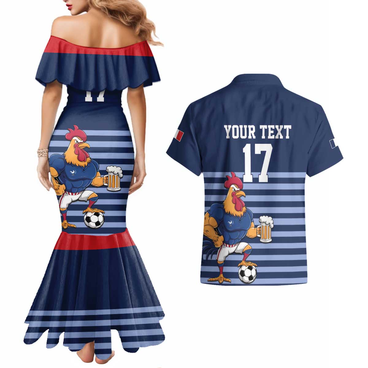 Custom France Football Couples Matching Mermaid Dress and Hawaiian Shirt Blue Gallic Rooster Mascot