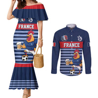 Custom France Football Couples Matching Mermaid Dress and Long Sleeve Button Shirt Blue Gallic Rooster Mascot
