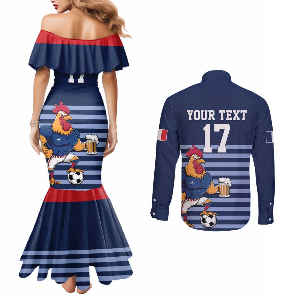 Custom France Football Couples Matching Mermaid Dress and Long Sleeve Button Shirt Blue Gallic Rooster Mascot