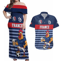 Custom France Football Couples Matching Off Shoulder Maxi Dress and Hawaiian Shirt Blue Gallic Rooster Mascot