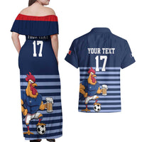 Custom France Football Couples Matching Off Shoulder Maxi Dress and Hawaiian Shirt Blue Gallic Rooster Mascot