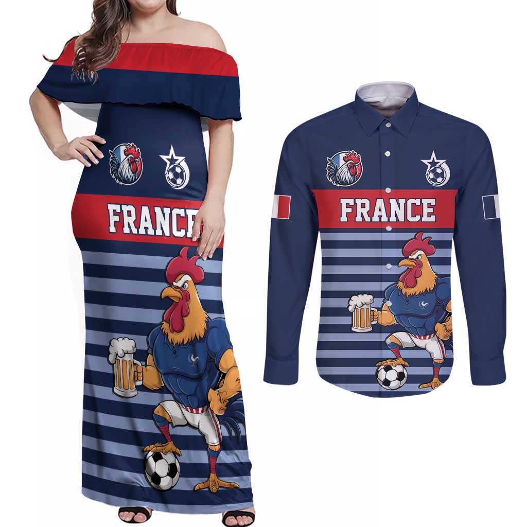 Custom France Football Couples Matching Off Shoulder Maxi Dress and Long Sleeve Button Shirt Blue Gallic Rooster Mascot