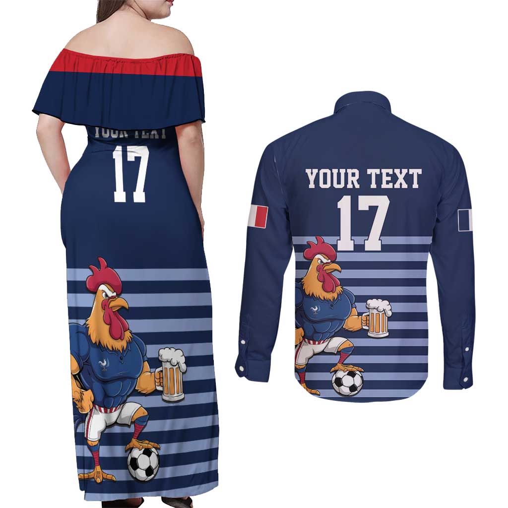Custom France Football Couples Matching Off Shoulder Maxi Dress and Long Sleeve Button Shirt Blue Gallic Rooster Mascot