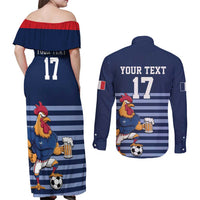 Custom France Football Couples Matching Off Shoulder Maxi Dress and Long Sleeve Button Shirt Blue Gallic Rooster Mascot