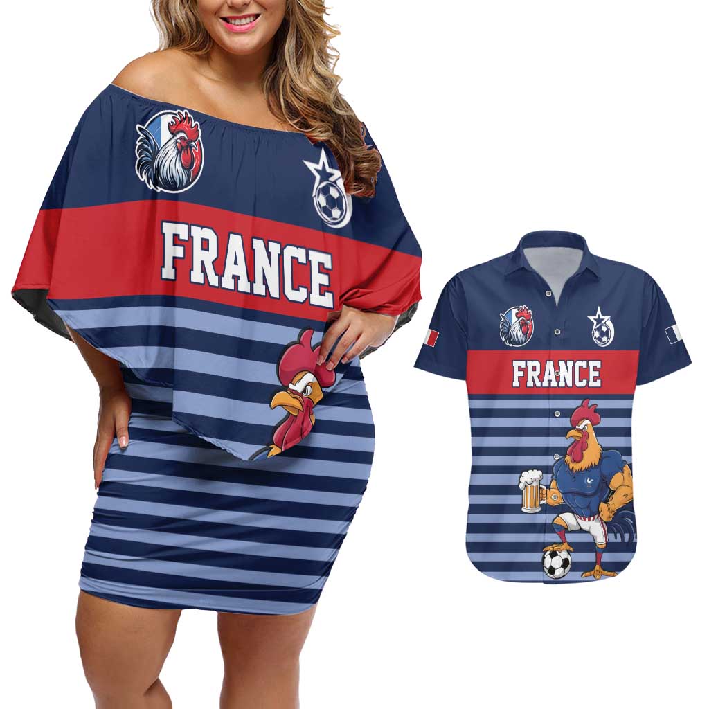 Custom France Football Couples Matching Off Shoulder Short Dress and Hawaiian Shirt Blue Gallic Rooster Mascot