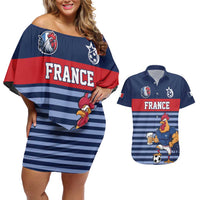 Custom France Football Couples Matching Off Shoulder Short Dress and Hawaiian Shirt Blue Gallic Rooster Mascot