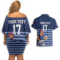 Custom France Football Couples Matching Off Shoulder Short Dress and Hawaiian Shirt Blue Gallic Rooster Mascot