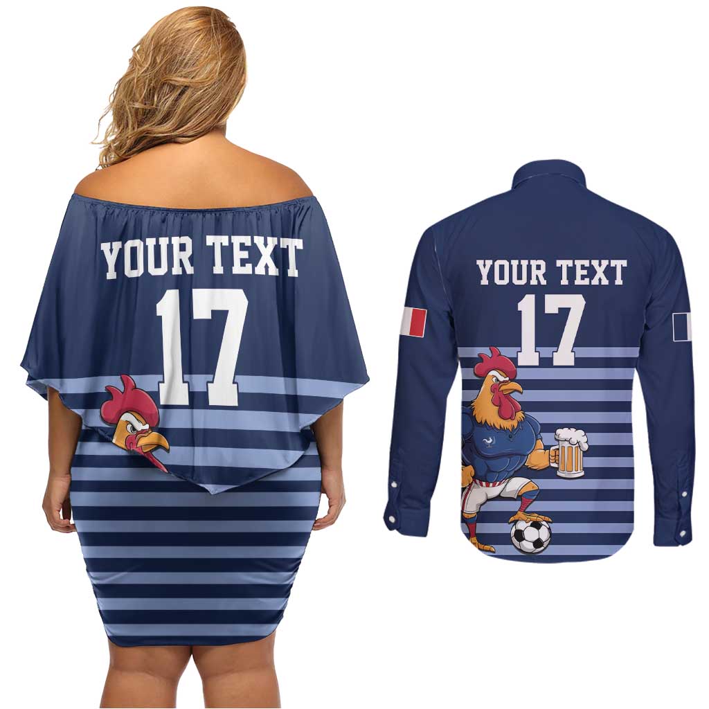 Custom France Football Couples Matching Off Shoulder Short Dress and Long Sleeve Button Shirt Blue Gallic Rooster Mascot