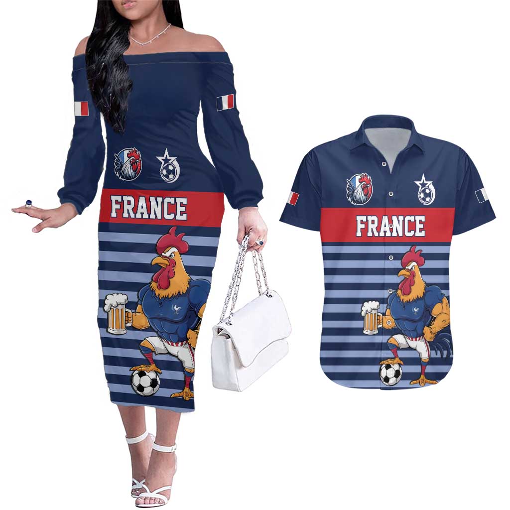 Custom France Football Couples Matching Off The Shoulder Long Sleeve Dress and Hawaiian Shirt Blue Gallic Rooster Mascot
