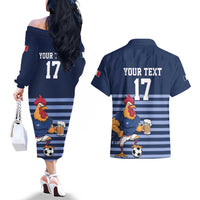 Custom France Football Couples Matching Off The Shoulder Long Sleeve Dress and Hawaiian Shirt Blue Gallic Rooster Mascot