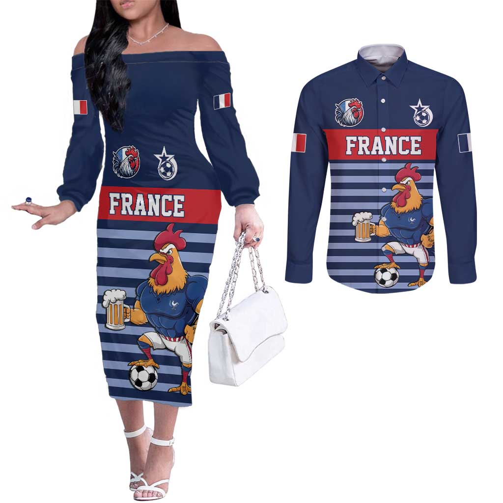 Custom France Football Couples Matching Off The Shoulder Long Sleeve Dress and Long Sleeve Button Shirt Blue Gallic Rooster Mascot