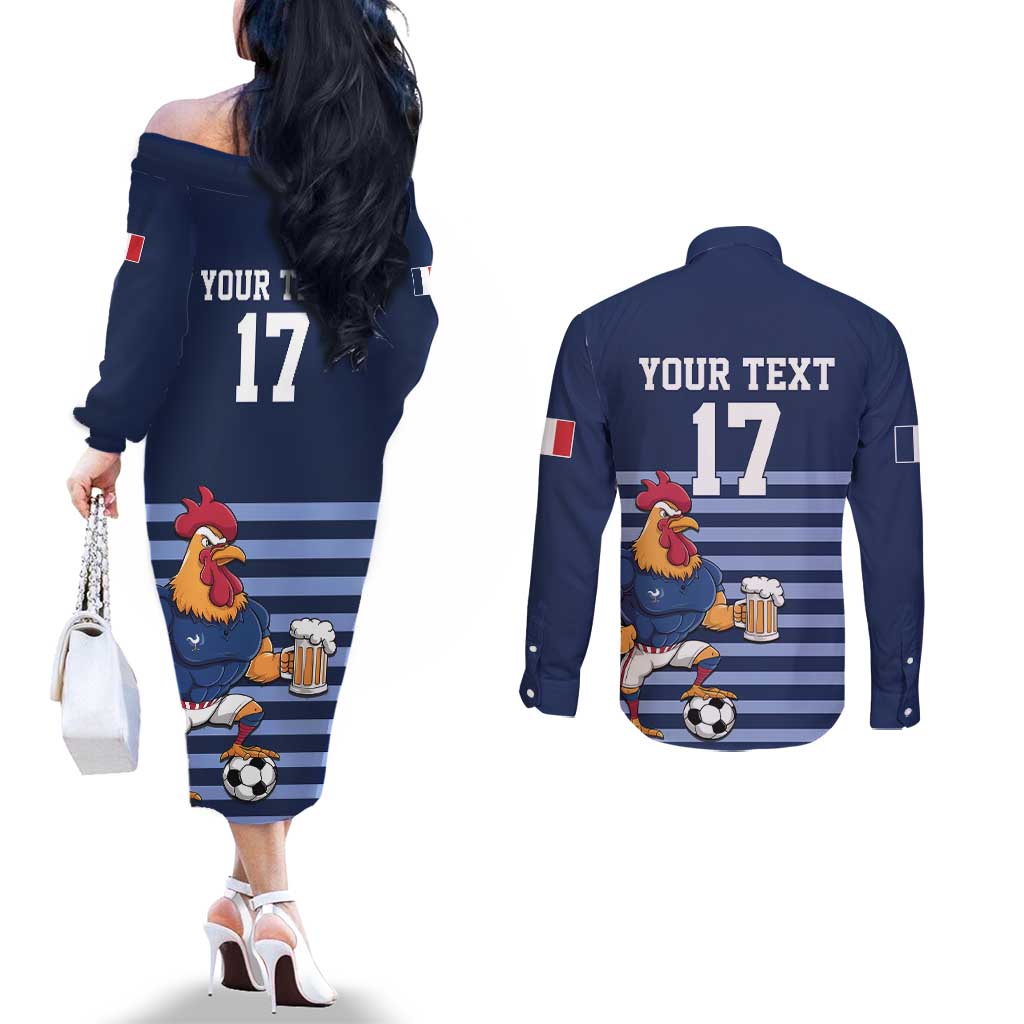 Custom France Football Couples Matching Off The Shoulder Long Sleeve Dress and Long Sleeve Button Shirt Blue Gallic Rooster Mascot