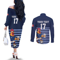Custom France Football Couples Matching Off The Shoulder Long Sleeve Dress and Long Sleeve Button Shirt Blue Gallic Rooster Mascot