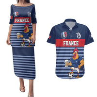 Custom France Football Couples Matching Puletasi and Hawaiian Shirt Blue Gallic Rooster Mascot