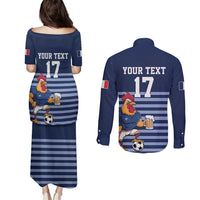 Custom France Football Couples Matching Puletasi and Long Sleeve Button Shirt Blue Gallic Rooster Mascot