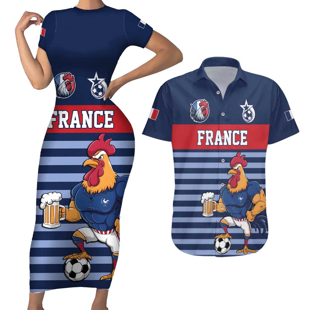 Custom France Football Couples Matching Short Sleeve Bodycon Dress and Hawaiian Shirt Blue Gallic Rooster Mascot