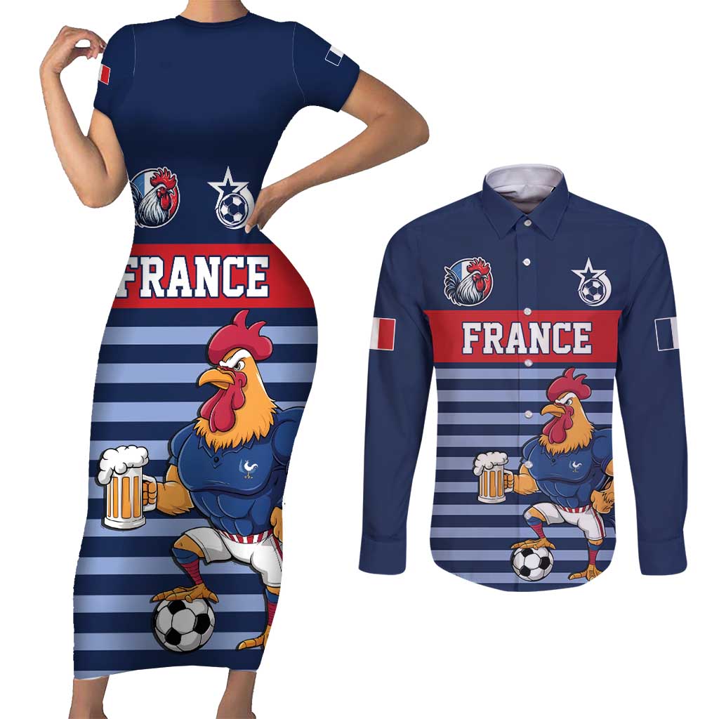Custom France Football Couples Matching Short Sleeve Bodycon Dress and Long Sleeve Button Shirt Blue Gallic Rooster Mascot