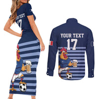 Custom France Football Couples Matching Short Sleeve Bodycon Dress and Long Sleeve Button Shirt Blue Gallic Rooster Mascot
