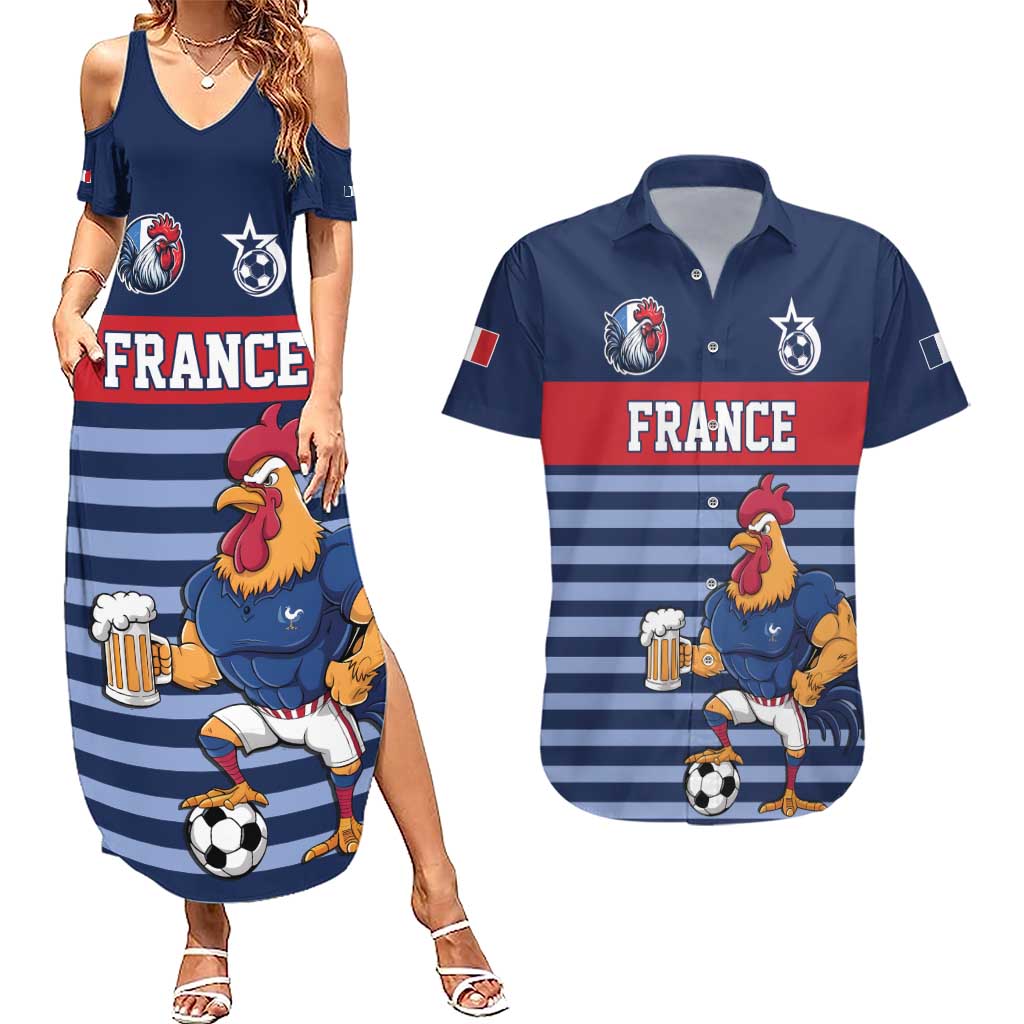 Custom France Football Couples Matching Summer Maxi Dress and Hawaiian Shirt Blue Gallic Rooster Mascot