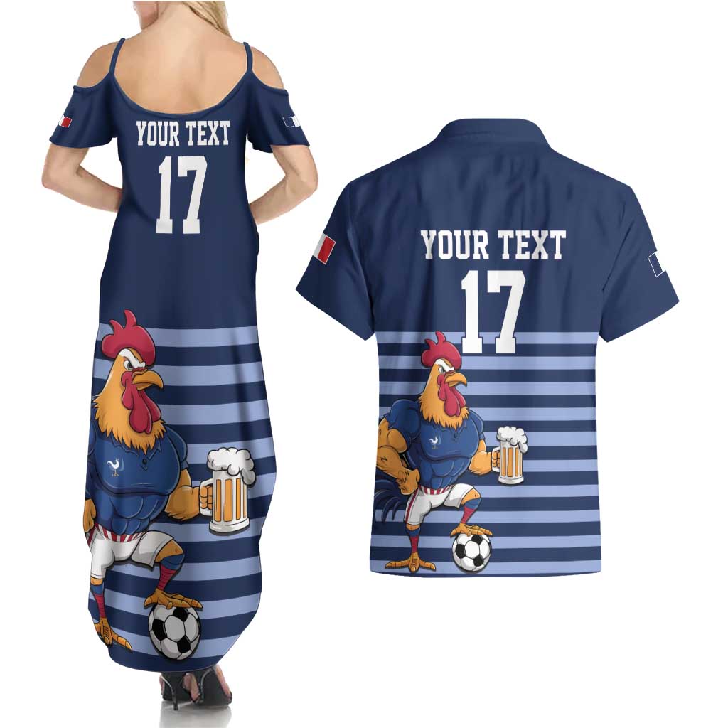 Custom France Football Couples Matching Summer Maxi Dress and Hawaiian Shirt Blue Gallic Rooster Mascot