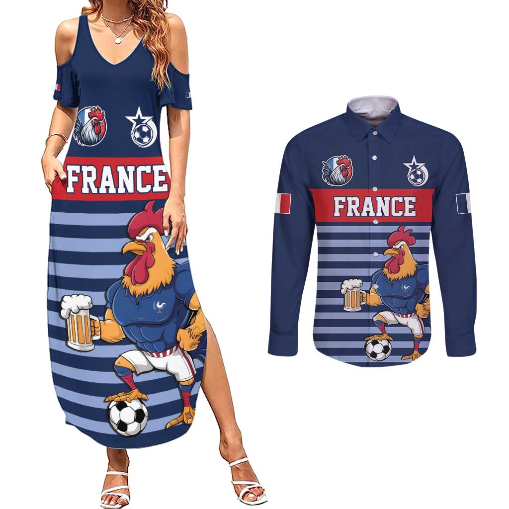 Custom France Football Couples Matching Summer Maxi Dress and Long Sleeve Button Shirt Blue Gallic Rooster Mascot