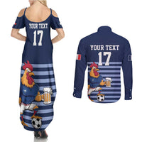 Custom France Football Couples Matching Summer Maxi Dress and Long Sleeve Button Shirt Blue Gallic Rooster Mascot