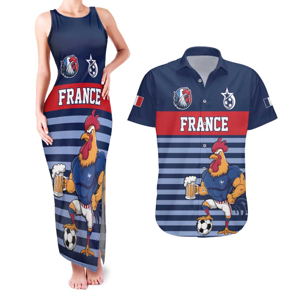 Custom France Football Couples Matching Tank Maxi Dress and Hawaiian Shirt Blue Gallic Rooster Mascot