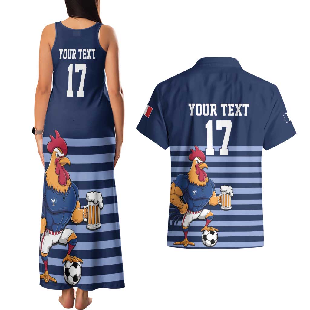 Custom France Football Couples Matching Tank Maxi Dress and Hawaiian Shirt Blue Gallic Rooster Mascot
