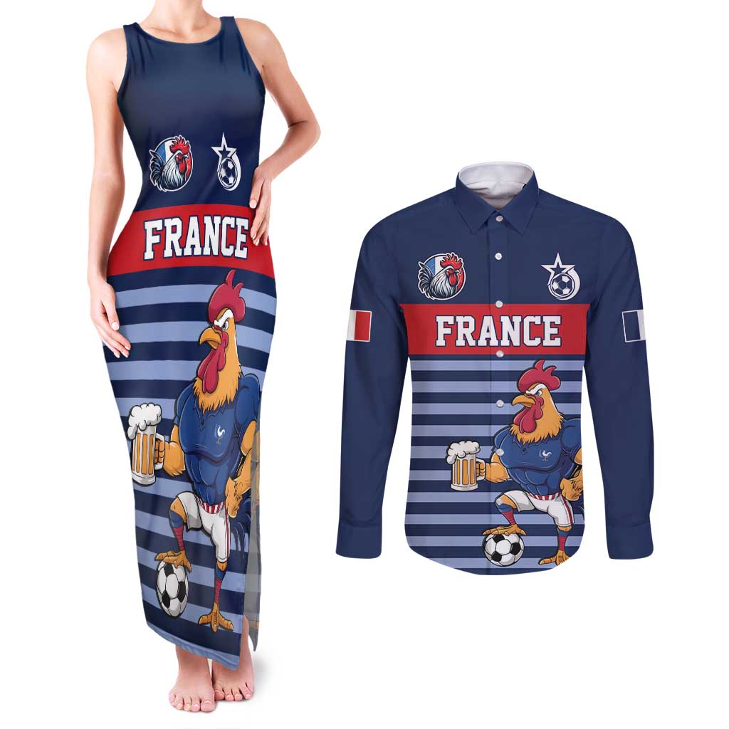 Custom France Football Couples Matching Tank Maxi Dress and Long Sleeve Button Shirt Blue Gallic Rooster Mascot