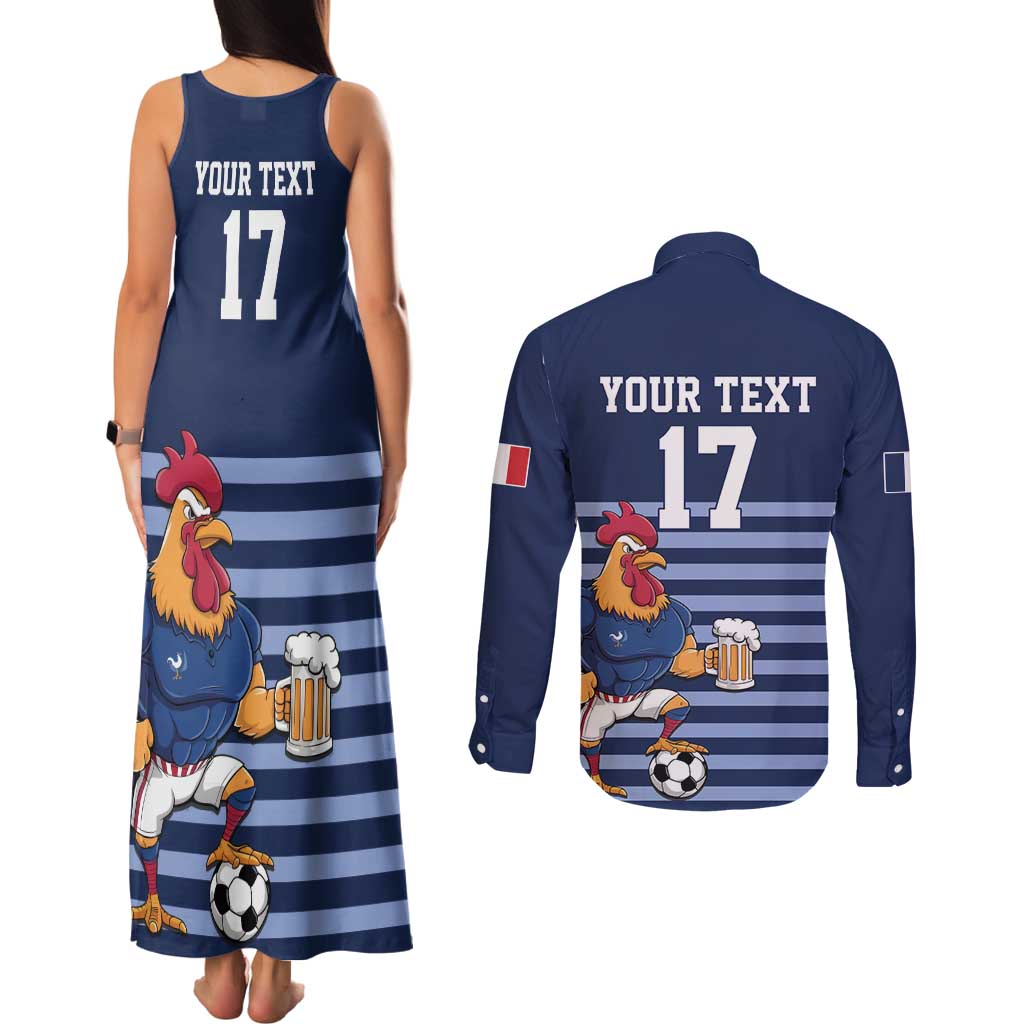 Custom France Football Couples Matching Tank Maxi Dress and Long Sleeve Button Shirt Blue Gallic Rooster Mascot