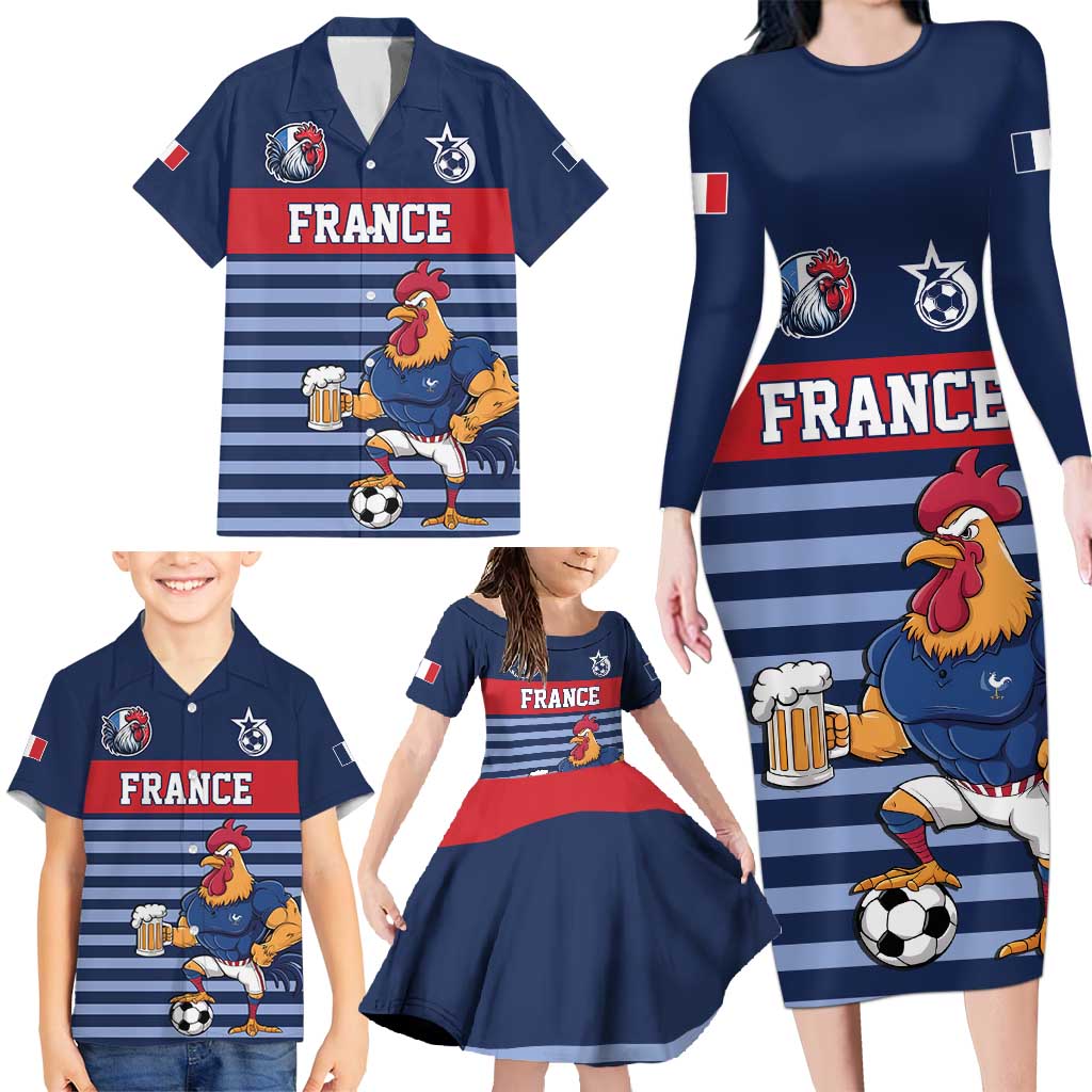 Custom France Football Family Matching Long Sleeve Bodycon Dress and Hawaiian Shirt Blue Gallic Rooster Mascot