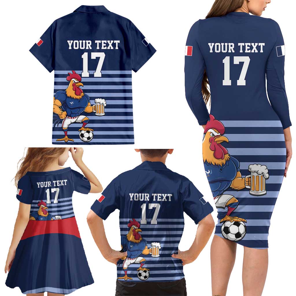 Custom France Football Family Matching Long Sleeve Bodycon Dress and Hawaiian Shirt Blue Gallic Rooster Mascot