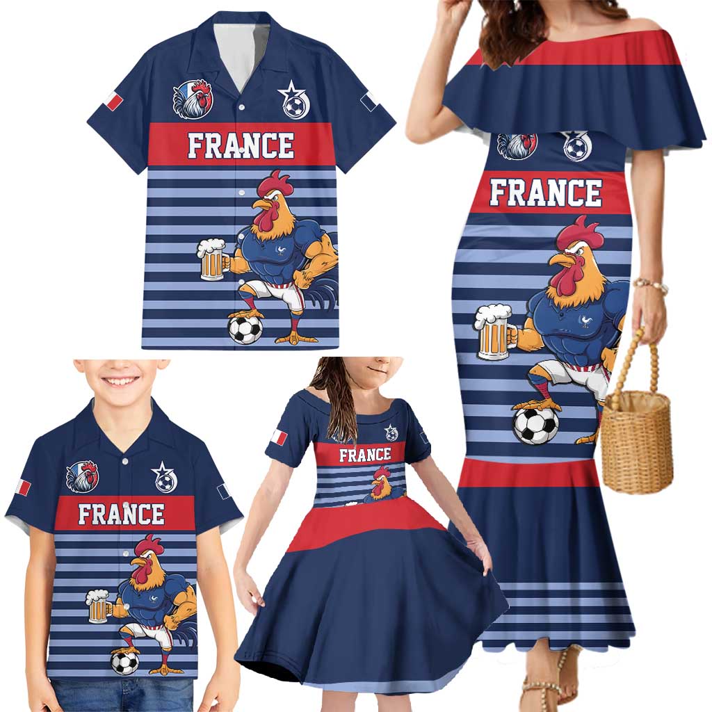 Custom France Football Family Matching Mermaid Dress and Hawaiian Shirt Blue Gallic Rooster Mascot
