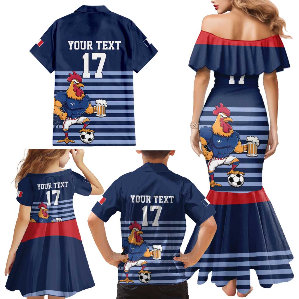 Custom France Football Family Matching Mermaid Dress and Hawaiian Shirt Blue Gallic Rooster Mascot