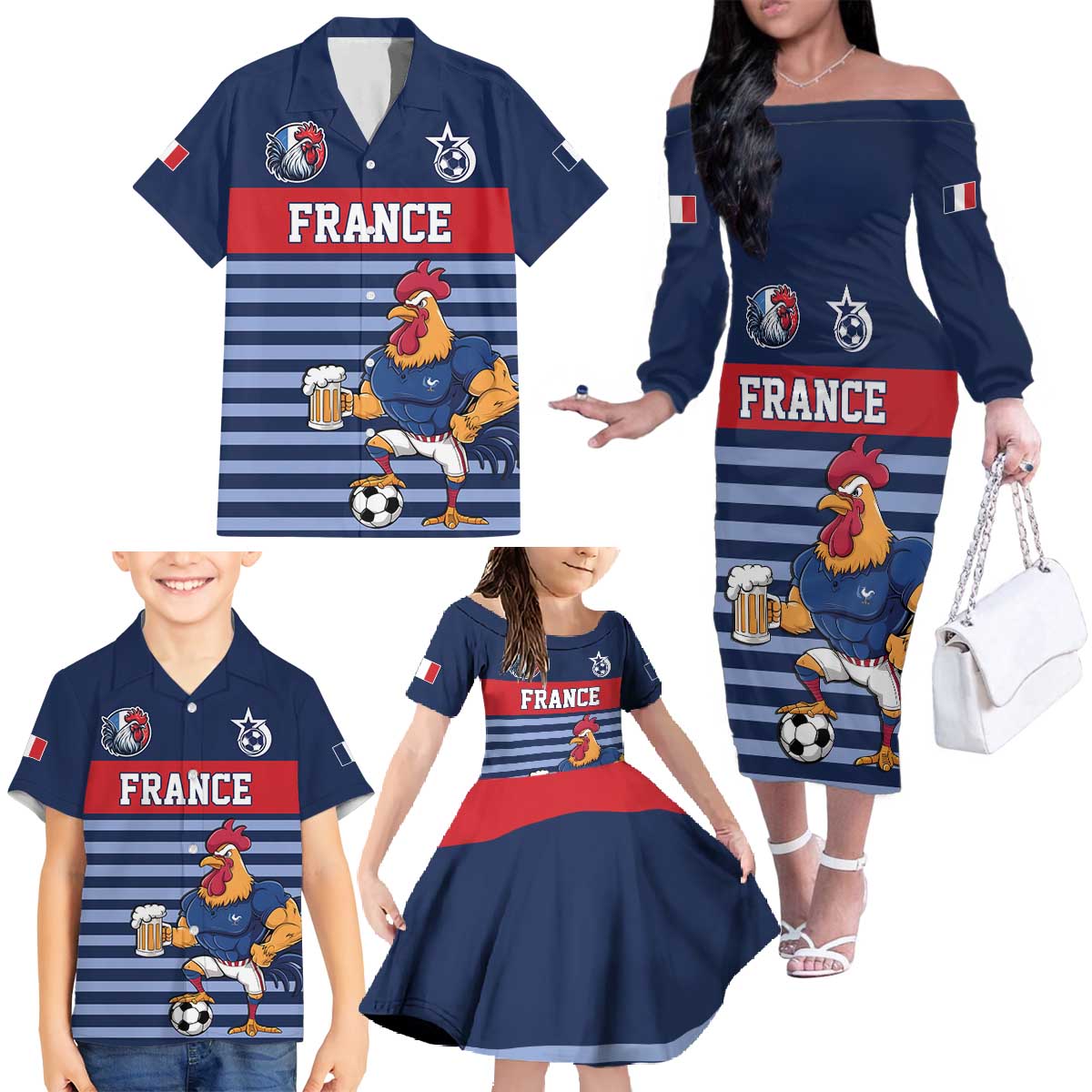 Custom France Football Family Matching Off The Shoulder Long Sleeve Dress and Hawaiian Shirt Blue Gallic Rooster Mascot