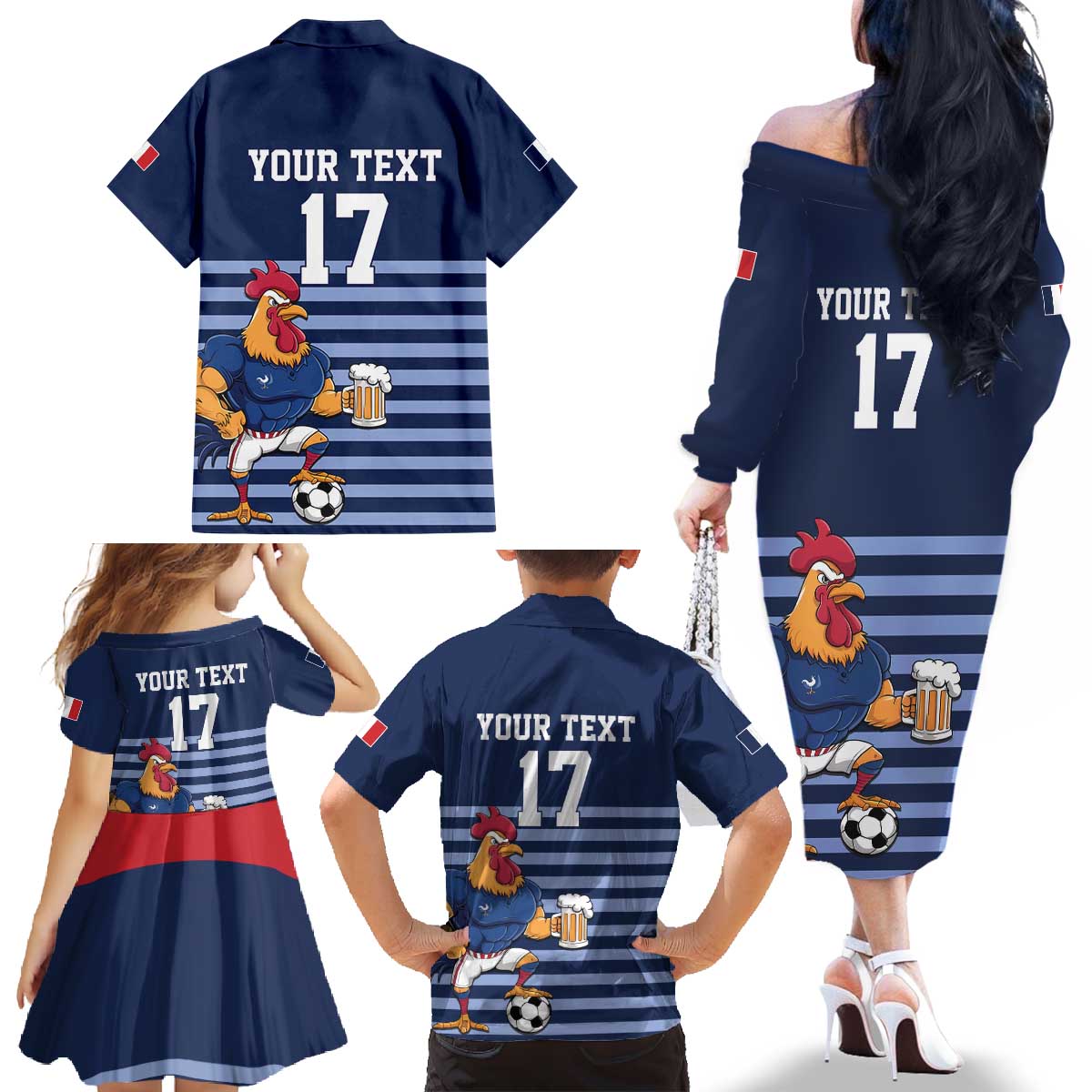 Custom France Football Family Matching Off The Shoulder Long Sleeve Dress and Hawaiian Shirt Blue Gallic Rooster Mascot