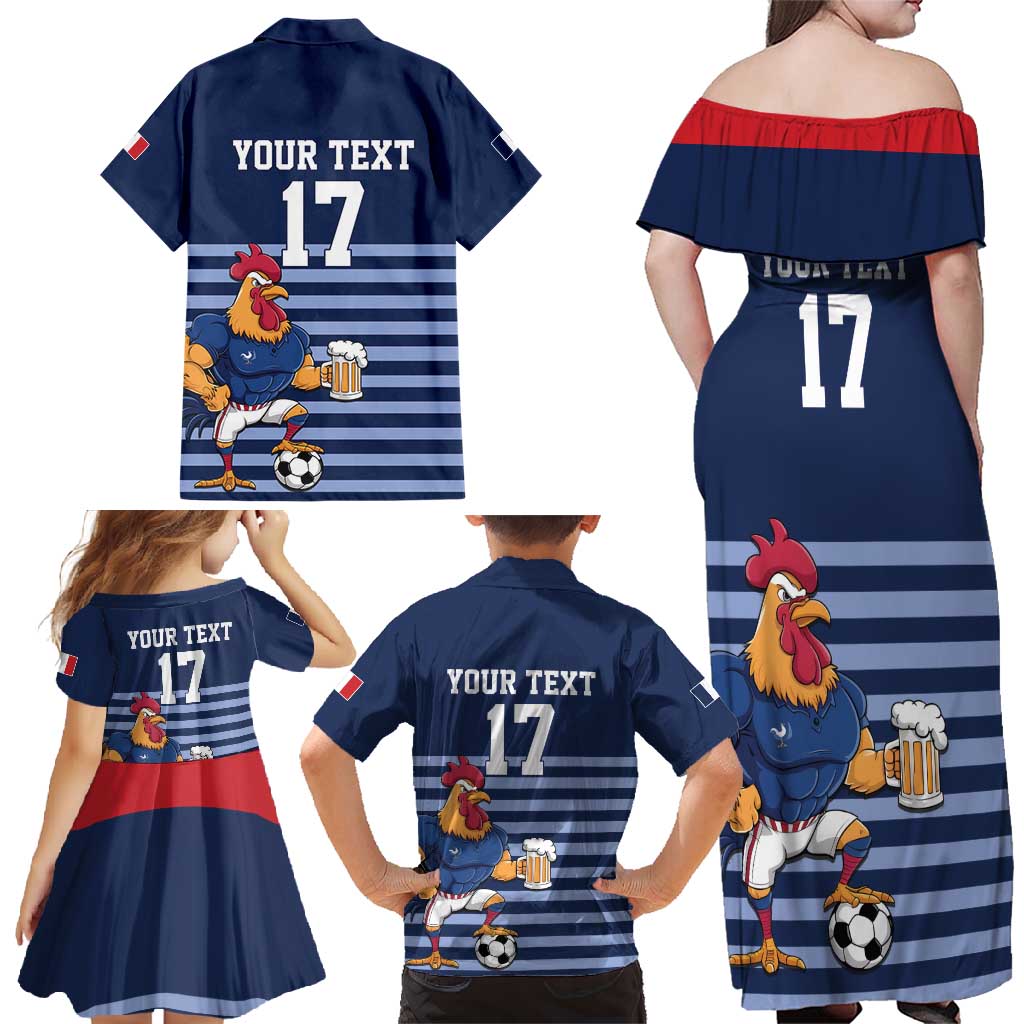 Custom France Football Family Matching Off Shoulder Maxi Dress and Hawaiian Shirt Blue Gallic Rooster Mascot