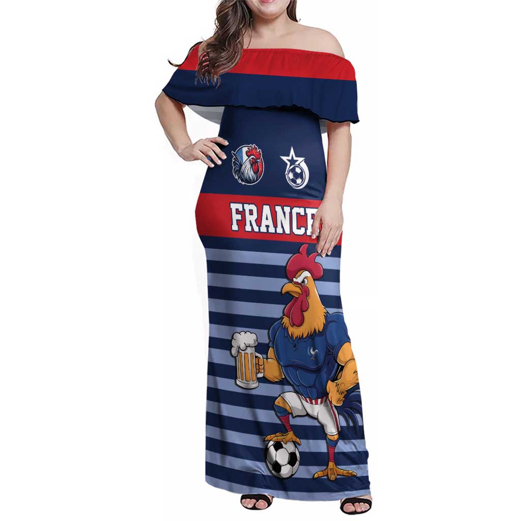 Custom France Football Family Matching Off Shoulder Maxi Dress and Hawaiian Shirt Blue Gallic Rooster Mascot