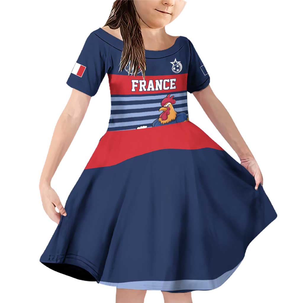 Custom France Football Family Matching Off Shoulder Short Dress and Hawaiian Shirt Blue Gallic Rooster Mascot