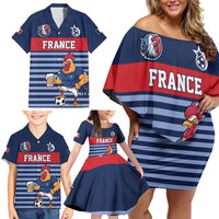 Custom France Football Family Matching Off Shoulder Short Dress and Hawaiian Shirt Blue Gallic Rooster Mascot