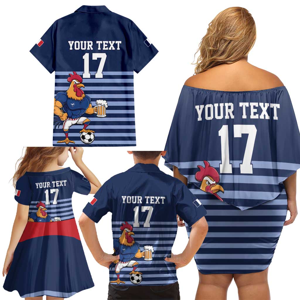Custom France Football Family Matching Off Shoulder Short Dress and Hawaiian Shirt Blue Gallic Rooster Mascot