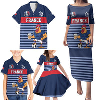 Custom France Football Family Matching Puletasi and Hawaiian Shirt Blue Gallic Rooster Mascot
