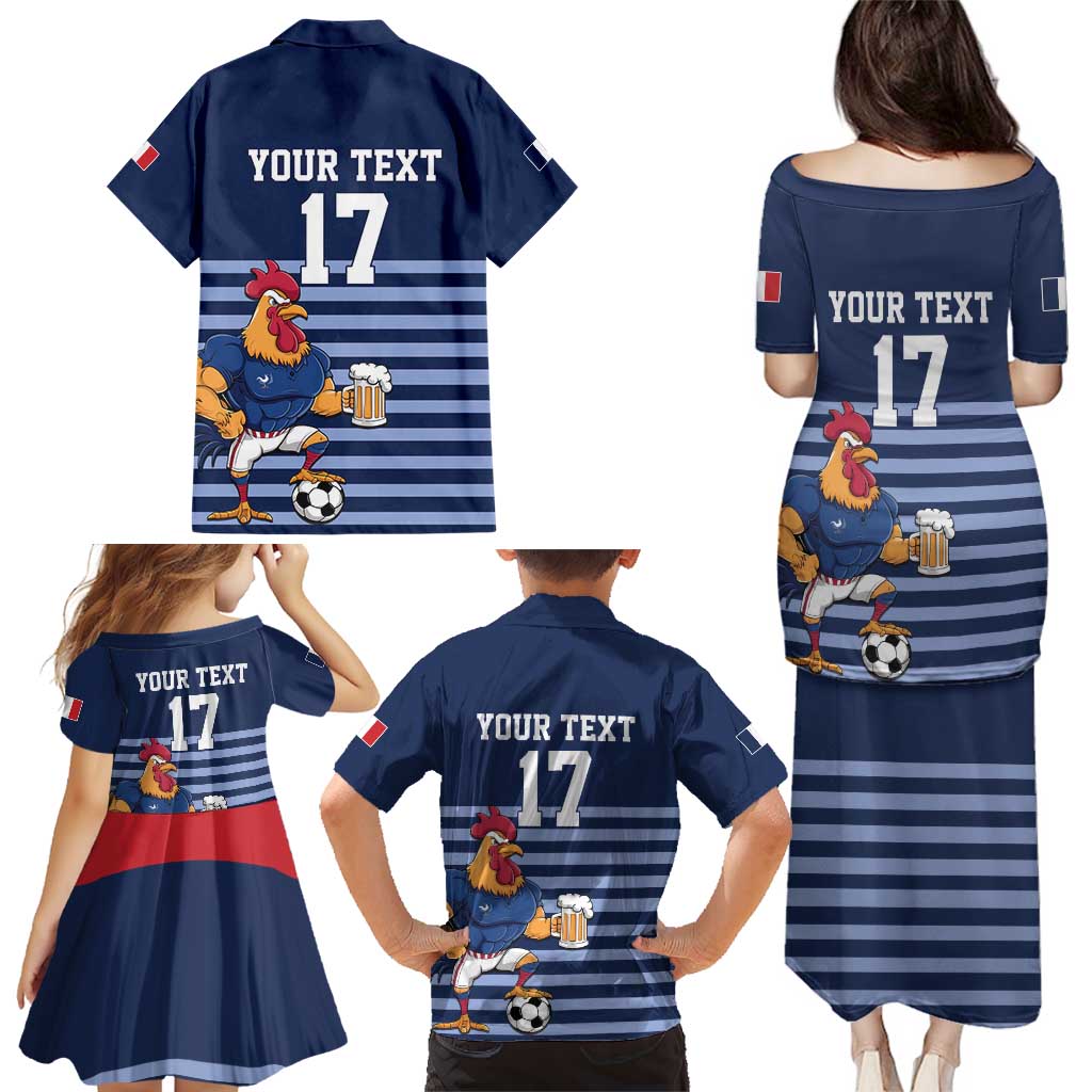 Custom France Football Family Matching Puletasi and Hawaiian Shirt Blue Gallic Rooster Mascot