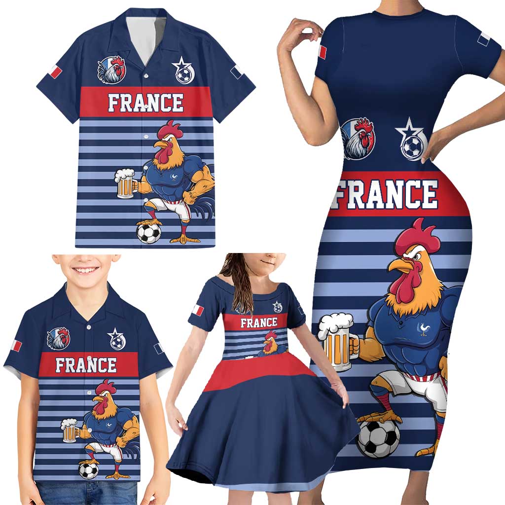Custom France Football Family Matching Short Sleeve Bodycon Dress and Hawaiian Shirt Blue Gallic Rooster Mascot