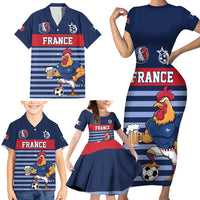 Custom France Football Family Matching Short Sleeve Bodycon Dress and Hawaiian Shirt Blue Gallic Rooster Mascot