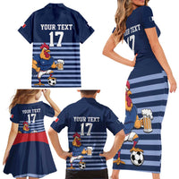 Custom France Football Family Matching Short Sleeve Bodycon Dress and Hawaiian Shirt Blue Gallic Rooster Mascot