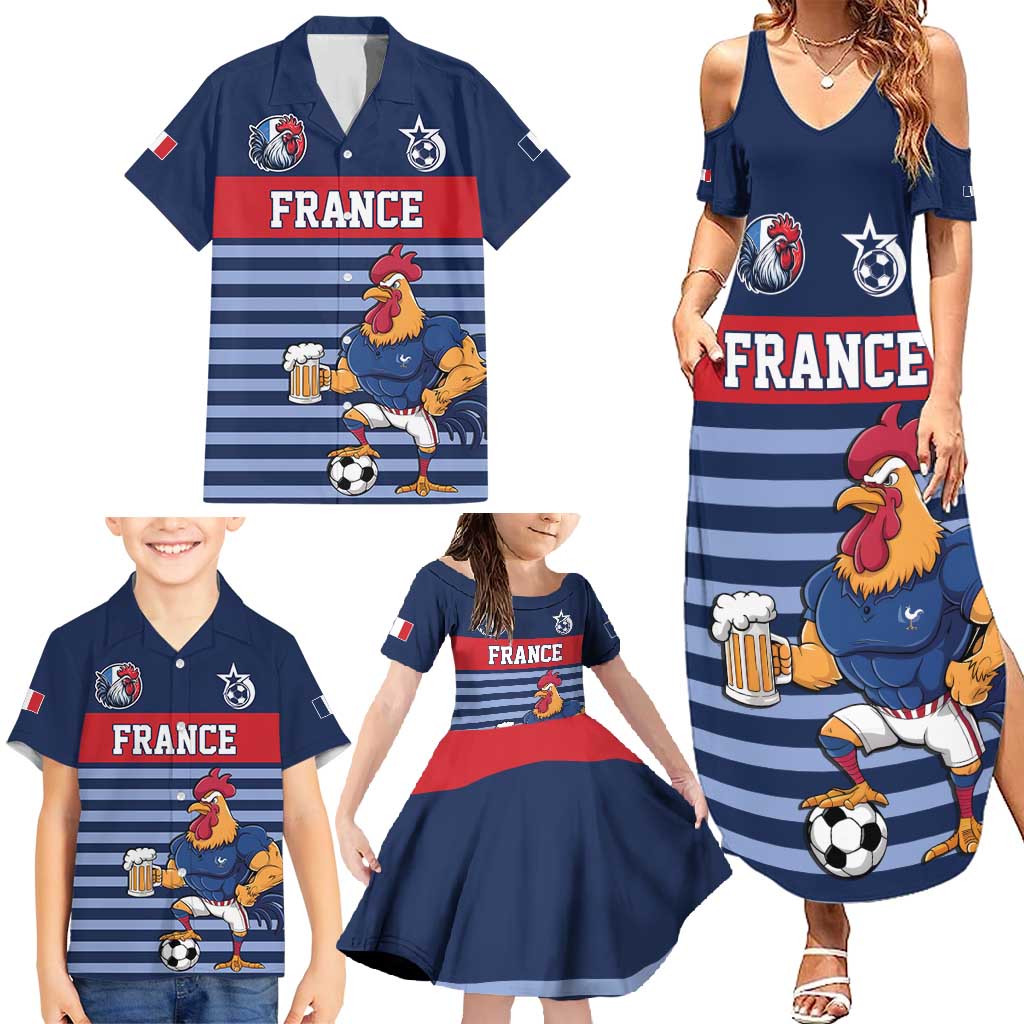 Custom France Football Family Matching Summer Maxi Dress and Hawaiian Shirt Blue Gallic Rooster Mascot